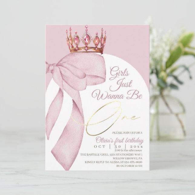 Invitation Joli Nœud Rose 1er Anniversaire  (Debout devant)