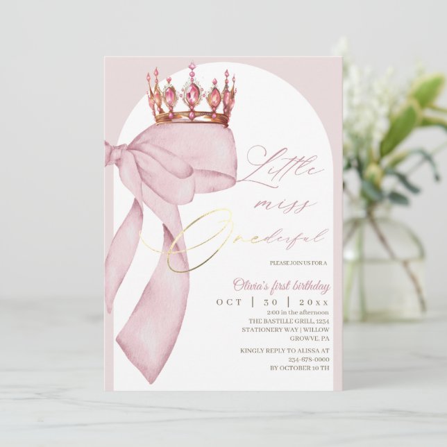 Invitation Joli Nœud Rose 1er Anniversaire  (Debout devant)