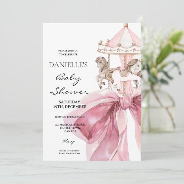 Invitation Joli Nœud Rose ⎮Fille de Carousel Baby Shower (Debout devant)