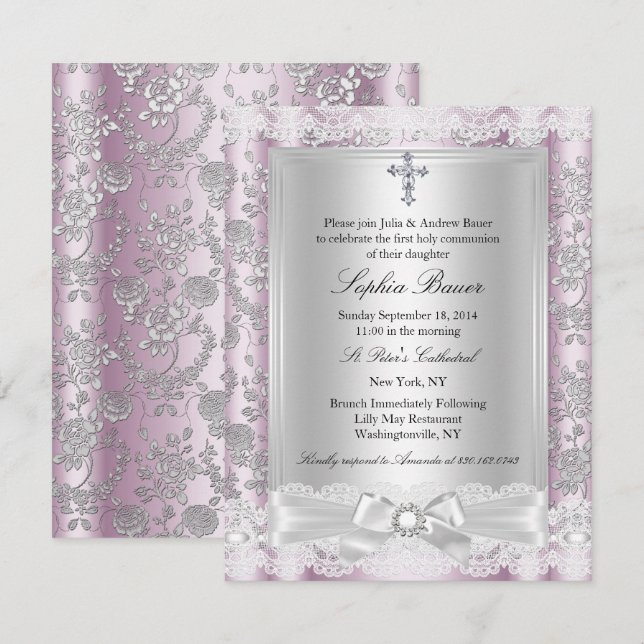 Invitation Joli Nœud rose Sainte Communion 3 (Devant / Derrière)