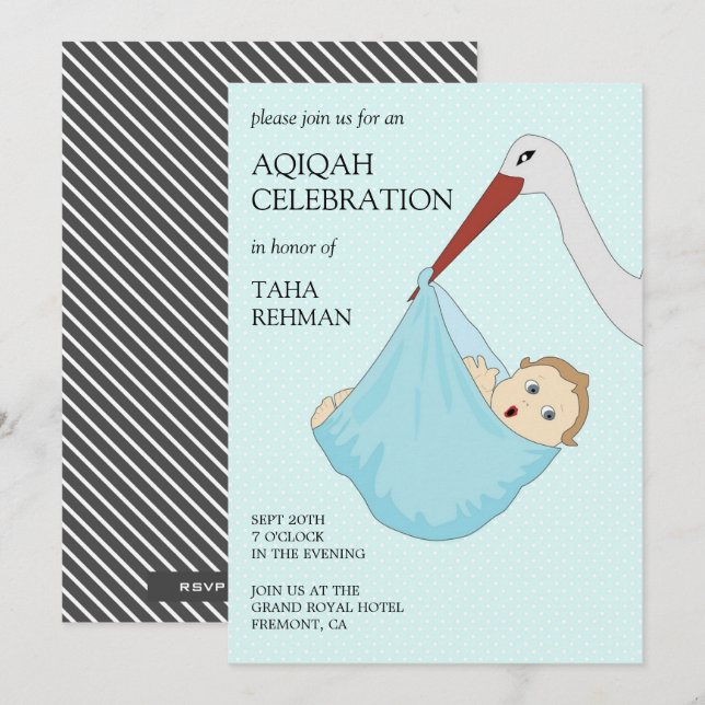 Invitation Joli Oiseau Bleu Bébé Garçon Aqiqah (Devant / Derrière)