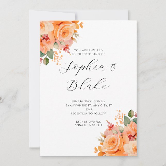 Invitation Joli Orange Floral Élégant Mariage blanc (Devant)