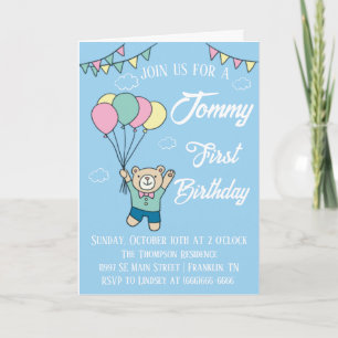 Invitation Joli Ours Brown Hot Air Balloon Boy Anniversaire