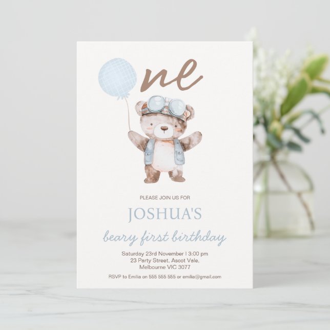 Invitation Joli Ours Brun Bleu Premier Anniversaire Ours Anni (Debout devant)