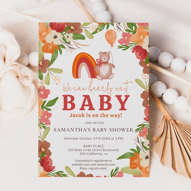 Invitation Joli ours en peluche à attendre baby shower arc-en (Cute teddy bear bearly wait rainbow baby shower invitation)