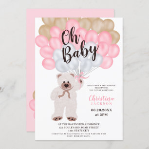 Invitation Joli ours en peluche ballons roses fille baby show