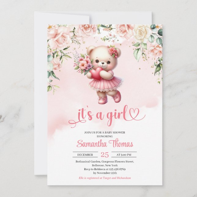 Invitation Joli ours en peluche fille avec coeur et fleurs (Devant)