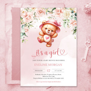 Invitation Joli ours en peluche fille joueuse en baby shower 