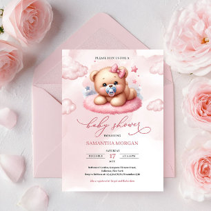 Invitation Joli ours en peluche rose aquarelle avec tétine
