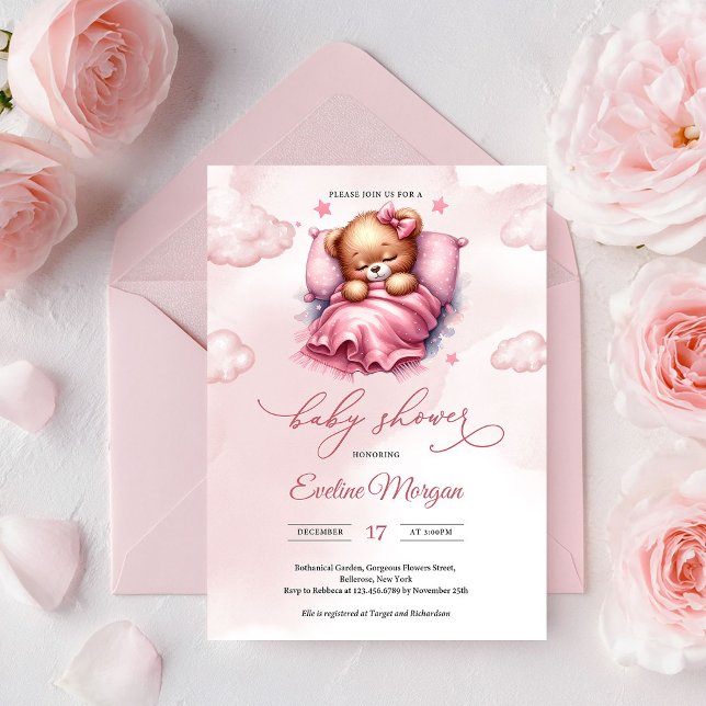 Invitation Joli ours en peluche rose endormi sur un nuage en  (Cute Teddy Bear on Pink Cloud Baby Shower Invitation Editable Printable PDF Template)