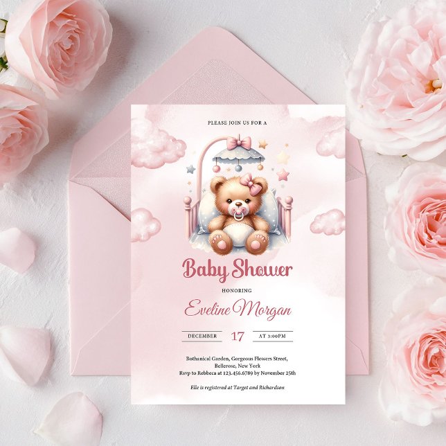 Invitation Joli ours en peluche rose fille en aquarelle dans  (Blush Pink Teddy Bear Cloud Girl Baby Shower Invite Editable Printable Template)
