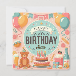 Invitation Joli Ours en Peluche Rose Pastel Joyeux Anniversai
