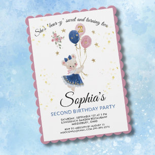 Invitation Joli ours en peluche rose pour les 2 ans d'une fil