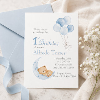 Invitation Joli ours en peluche sur la Lune 1er anniversaire