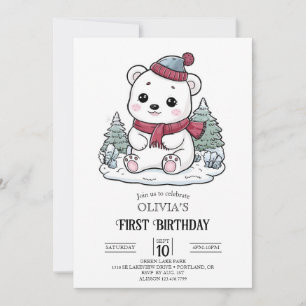 Invitation Joli Ours polaire d'hiver 1er Anniversaire numériq