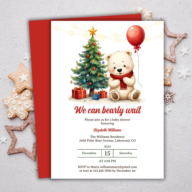 Invitation Joli Ours Polaire Rouge et Blanc Brunch de Noël (Cute Polar Bear Red And White Festive Christmas Brunch Invitation)