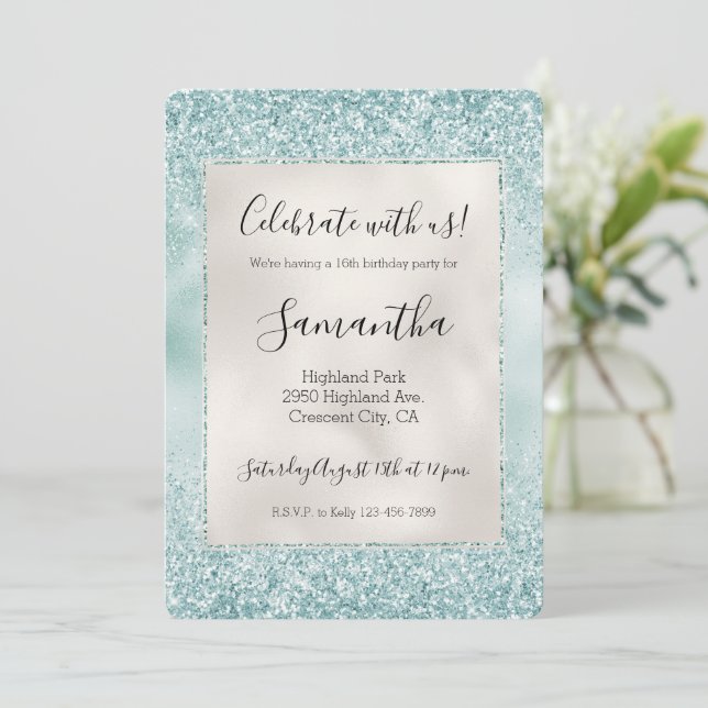 Invitation Joli paillettes scintillantes vert menthe (Debout devant)