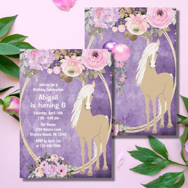 Invitation Joli Palomino rose violet Fleurs Cheval Anniversai (Créateur téléchargé)