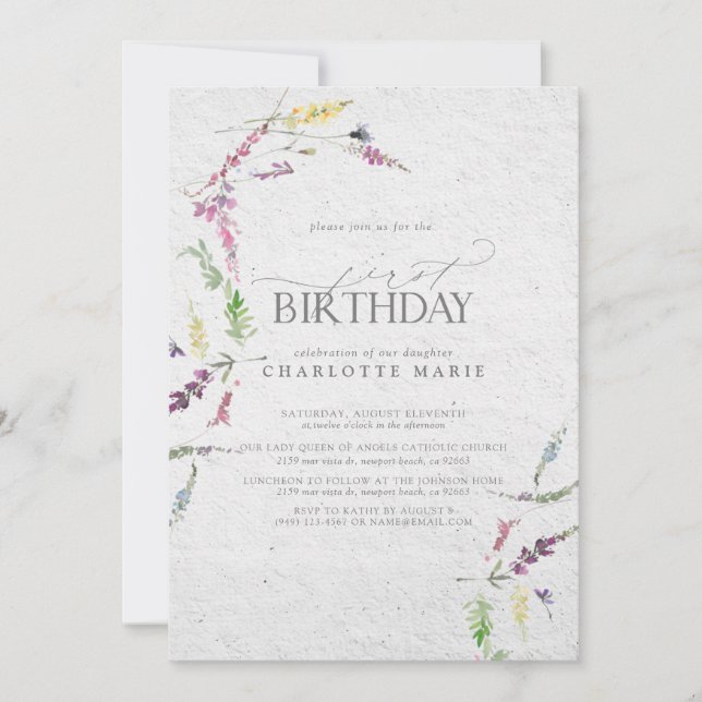 Invitation Joli papier aquarelle Fleur sauvage 1er anniversai (Devant)