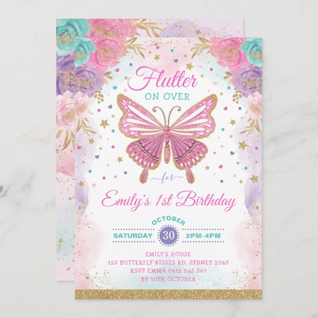 Invitation Joli papillon Fairy Garden Floral Girl Anniversair (Devant / Derrière)