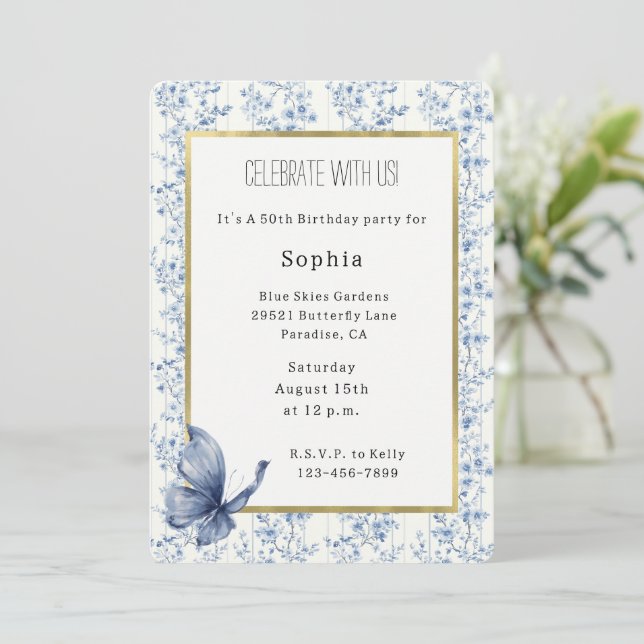 Invitation Joli Papillon Fleurs Blanches Bleues Anniversaire (Debout devant)