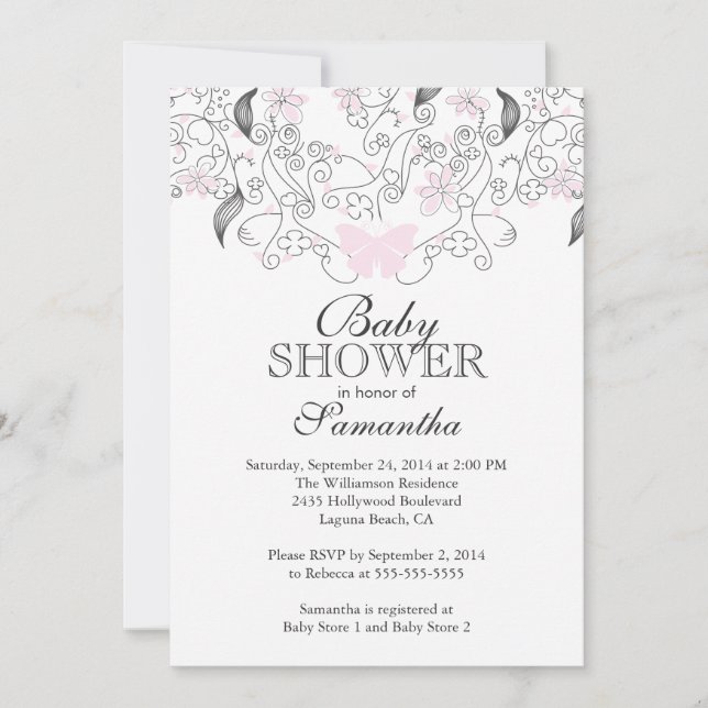 Invitation Joli papillon rose Baby shower bébé fille (Devant)