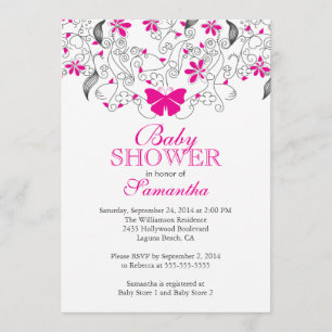 Invitation Joli papillon rose chaud Baby shower bébé fille fi