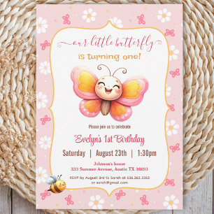 Invitation Joli papillon rose florale fille 1er anniversaire