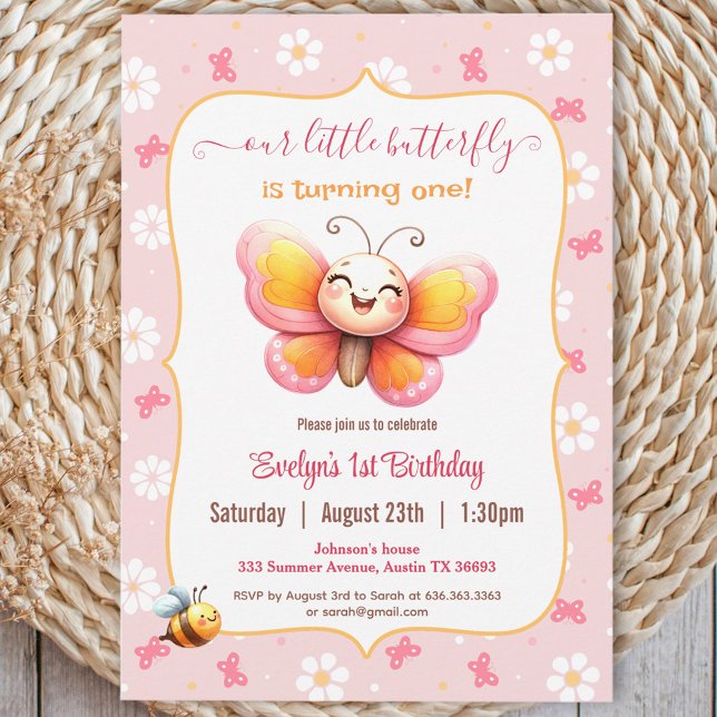 Invitation Joli papillon rose florale fille 1er anniversaire (Cute Happy Butterfly Pink Floral Girl 1st Birthday Invitation)