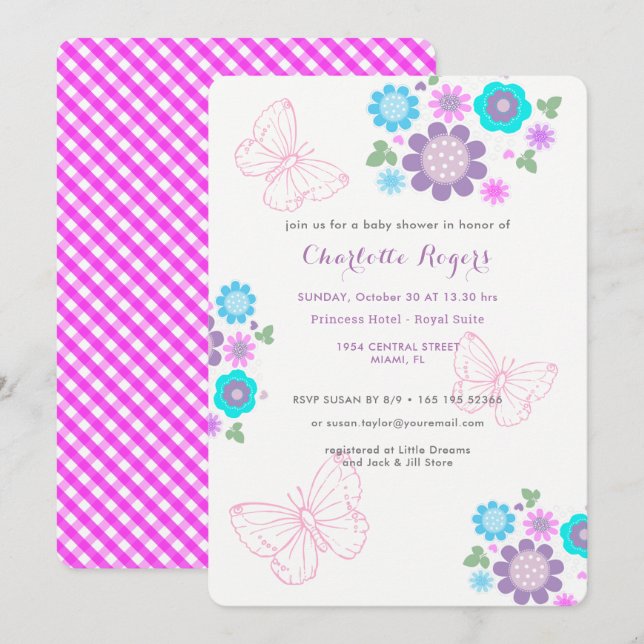 Invitation Joli Pastel Papillons Floral Posy Baby shower (Devant / Derrière)