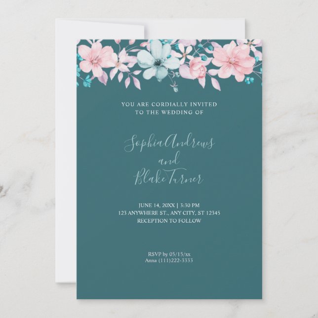 Invitation Joli pays rose et bleu Floral Turquoise Mariage (Devant)
