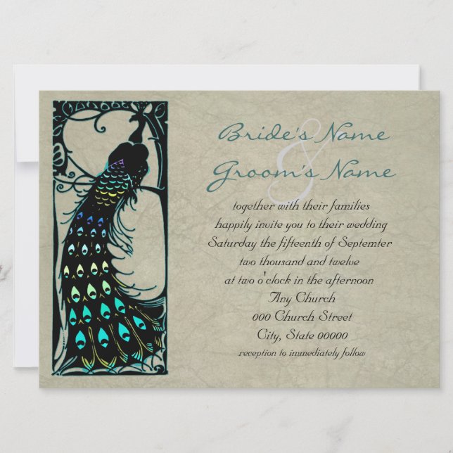 Invitation Joli Peacock Vintage Art Nouveau Mariage (Devant)