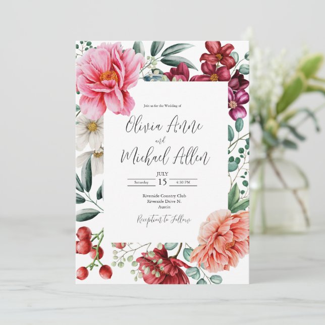 Invitation Joli Peonies rose Aquarelle Mariage Floral (Debout devant)
