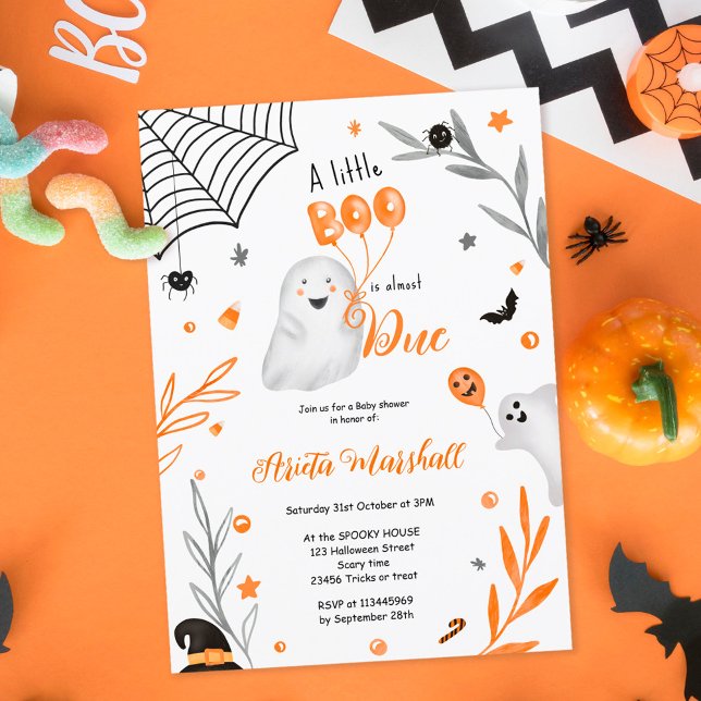 Invitation Joli petit baby shower orange Boo Halloween (Cute little Boo Halloween orange baby shower Invitation)