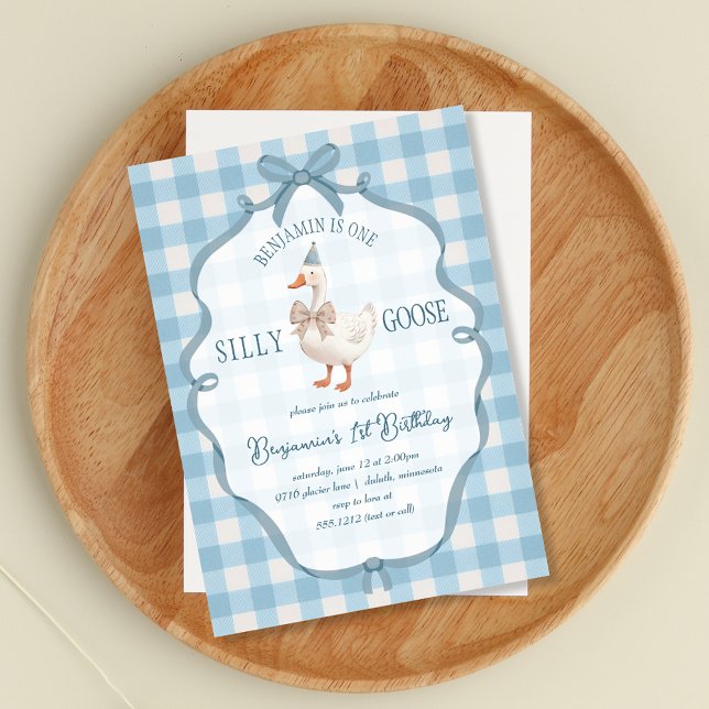 Invitation Joli Petit Canard Bleu Premier Anniversaire (Cute One Silly Goose Blue First Birthday Invitation)