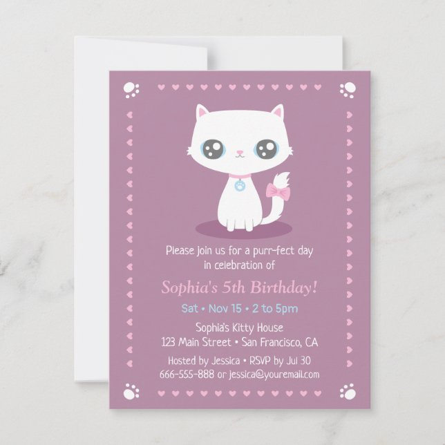 Invitation Joli Petit Chat Blanc Avec Ruban Rose Pour Anniver (Devant)