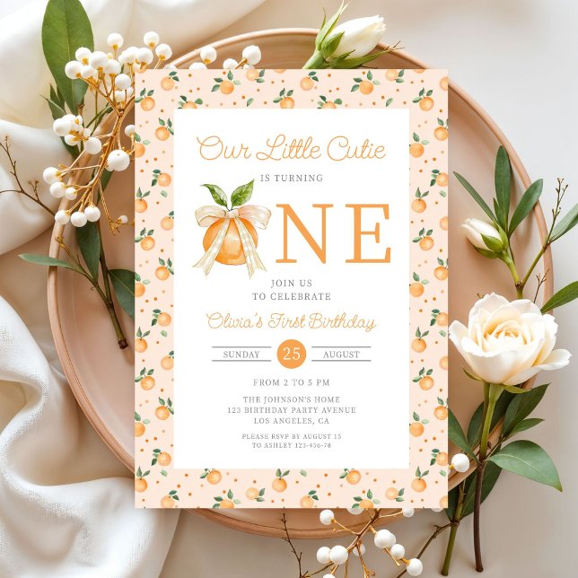 Invitation Joli Petit Citron Orange Cute 1er Anniversaire (Cute Little Cutie Orange Citrus 1st Birthday Invitation)