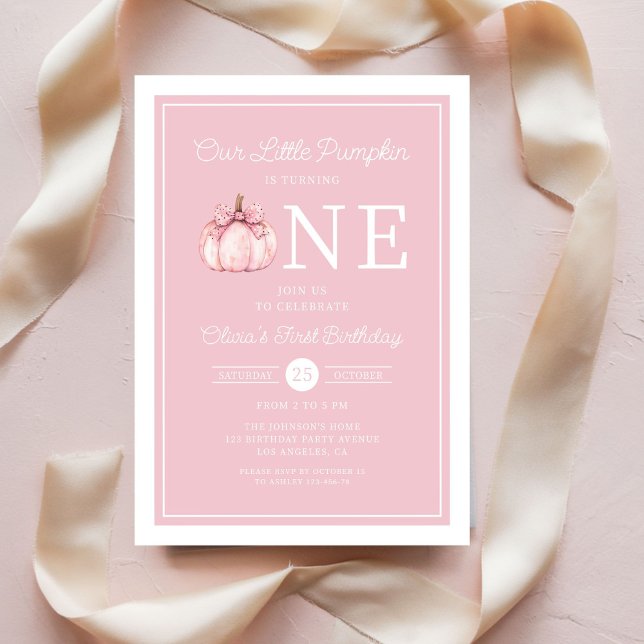 Invitation Joli Petit Citrouille Rose 1er Anniversaire (Cute Pink Little Pumpkin 1st Birthday Invitation)