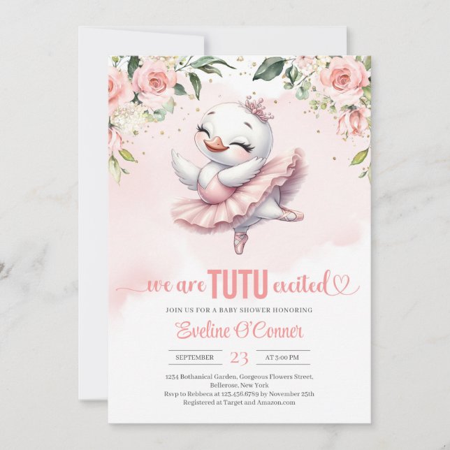 Invitation Joli petit cygne avec tutu rose robe or splash (Devant)