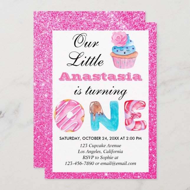 Invitation Joli petit gâteau rose pailleté 1er anniversaire (Devant / Derrière)