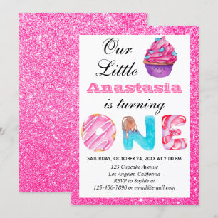 Invitation Joli petit gâteau rose pailleté 1er anniversaire
