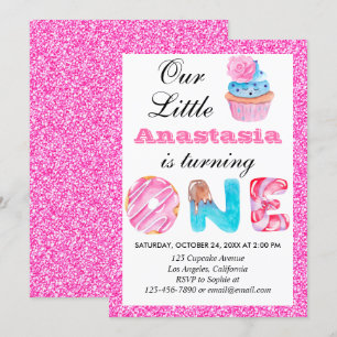Invitation Joli Petit Gâteau Rose Paillettes 1er Anniversaire