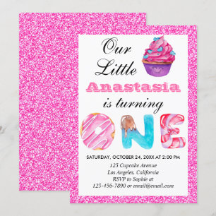 Invitation Joli petit gâteau rose paillettes 1er anniversaire