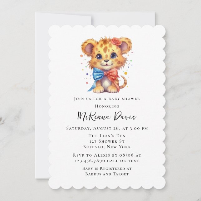 Invitation Joli petit lion avec Cravate Bow Baby shower garço (Devant)
