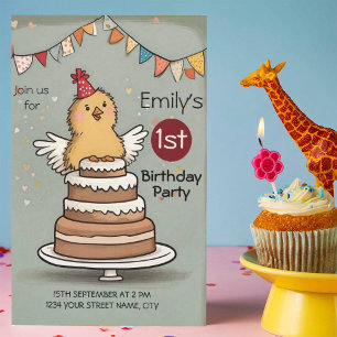 Invitation Joli Petit Poulet sur Gâteau 1er Anniversaire
