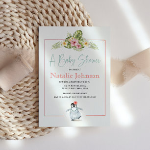 Invitation Joli pingouin tropical rose bébé Baby shower fille