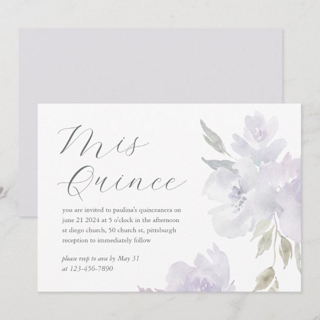 Invitation Joli Plum Floral 15 Anniversaire Quinceañera (Devant / Derrière)