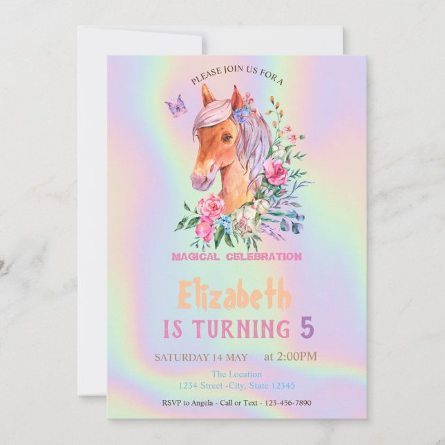 Invitation Joli Pony Flowers Holographique Anniversaire (Devant)