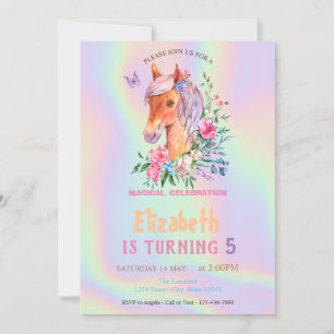 Invitation Joli Pony Flowers Holographique Anniversaire