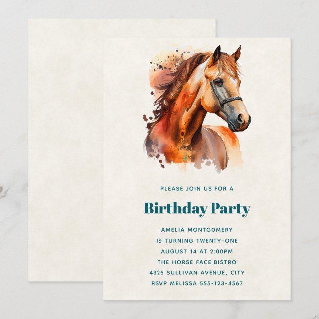Invitation Joli portrait de cheval alezan pour anniversaire (Devant / Derrière)